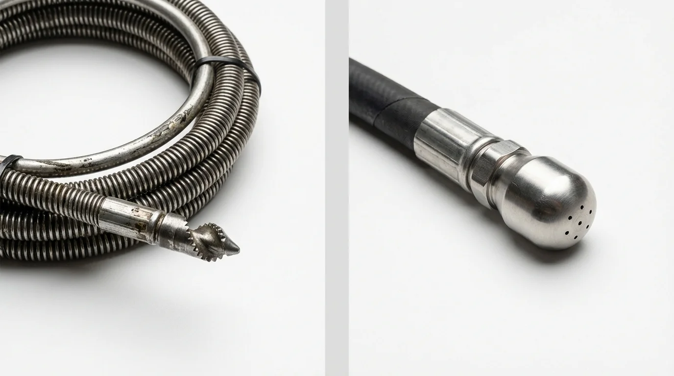 Drain snake cable and hydro jetting nozzle used for drain cleaning in Columbus, NC