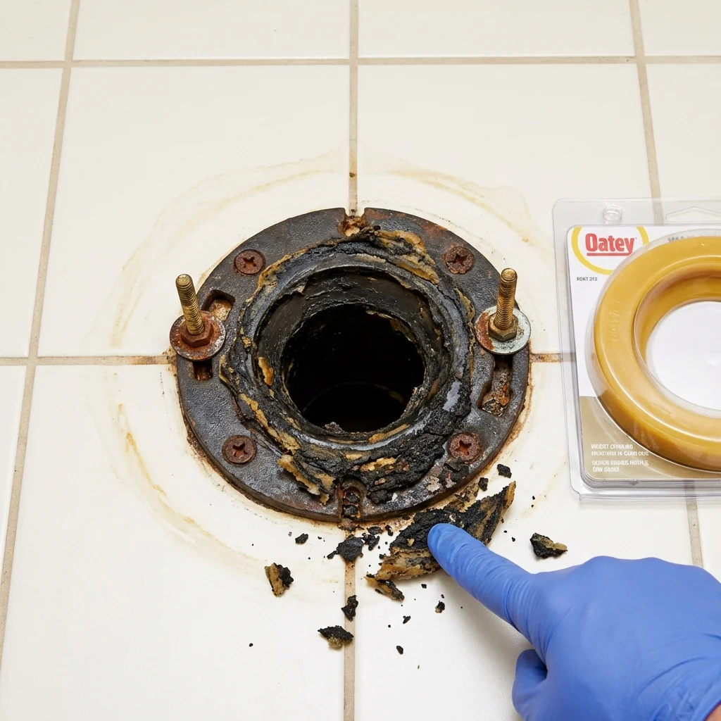 Failed wax ring showing water seepage at the base of a toilet in a Columbus, NC home