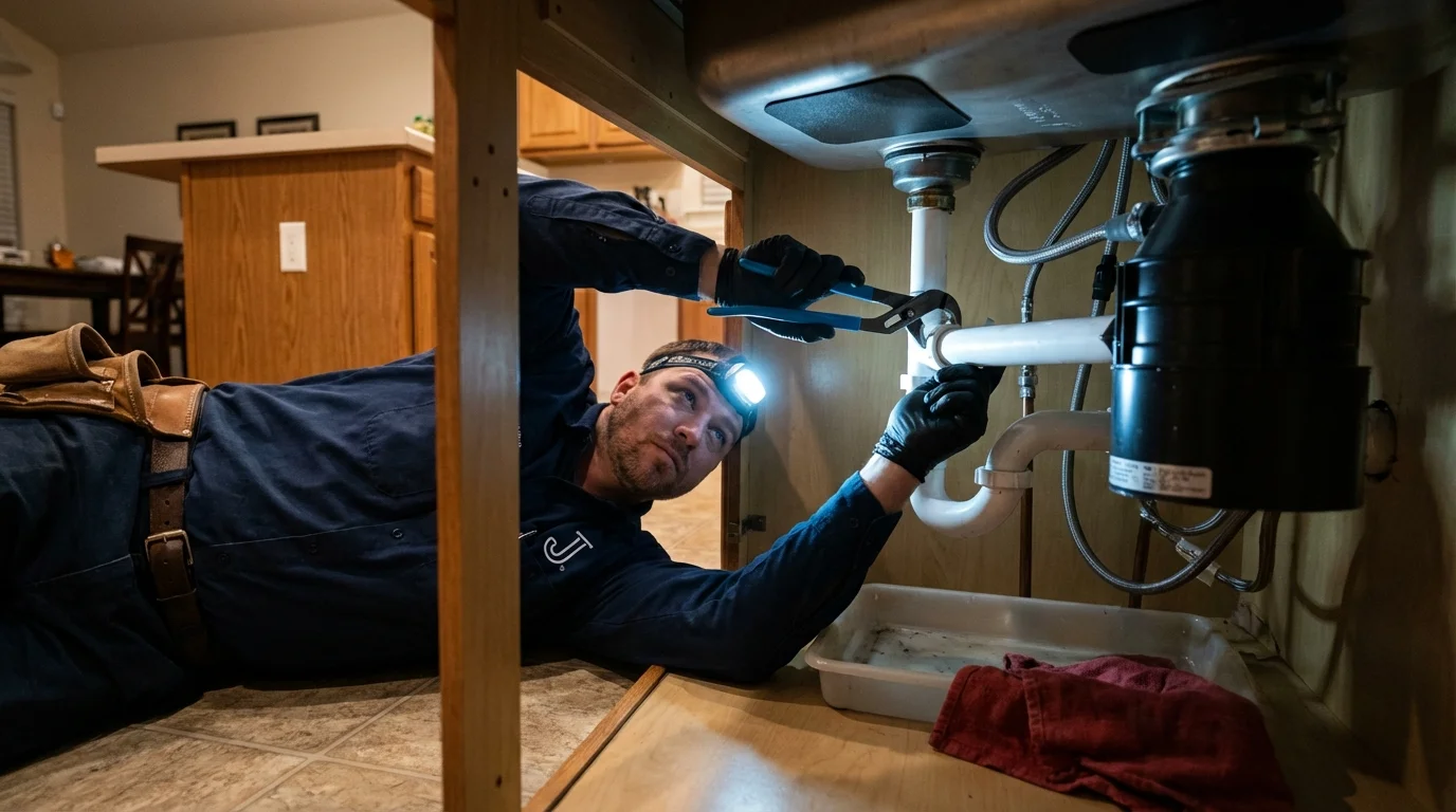 P-trap and supply line connections under a kitchen sink showing a common leak point in Columbus, NC